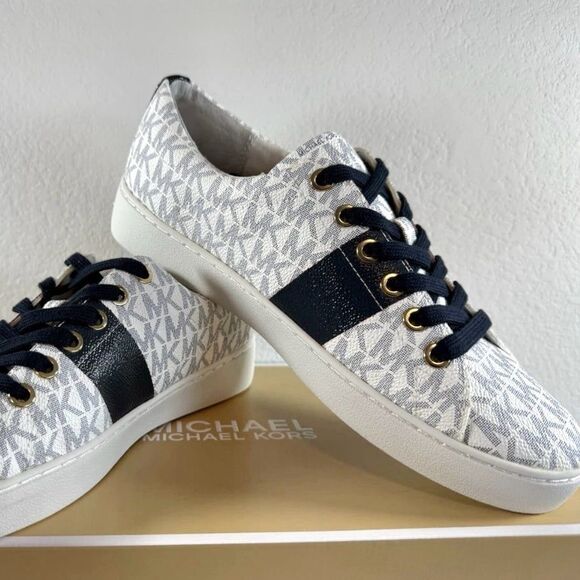 Michael Kors Keaton Lace Up Signature Fashion Sneakers, White/Navy monogram - Picture 1 of 7